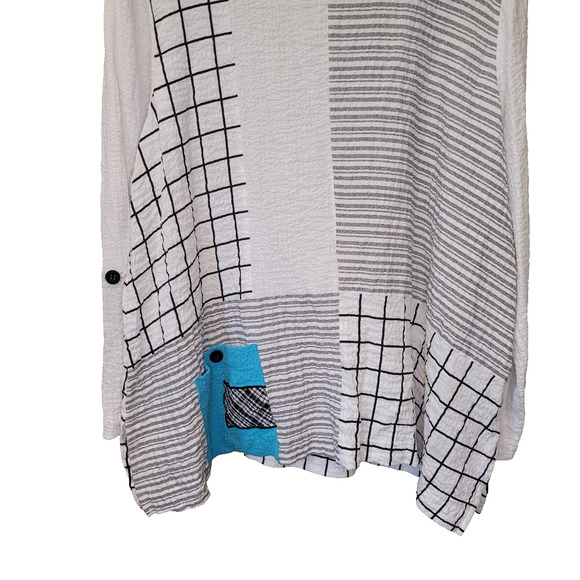 Ali Miles Womens Multicolor Round Neck Geometric Print Top XL Roll Tab Sleeves - Picture 2 of 9